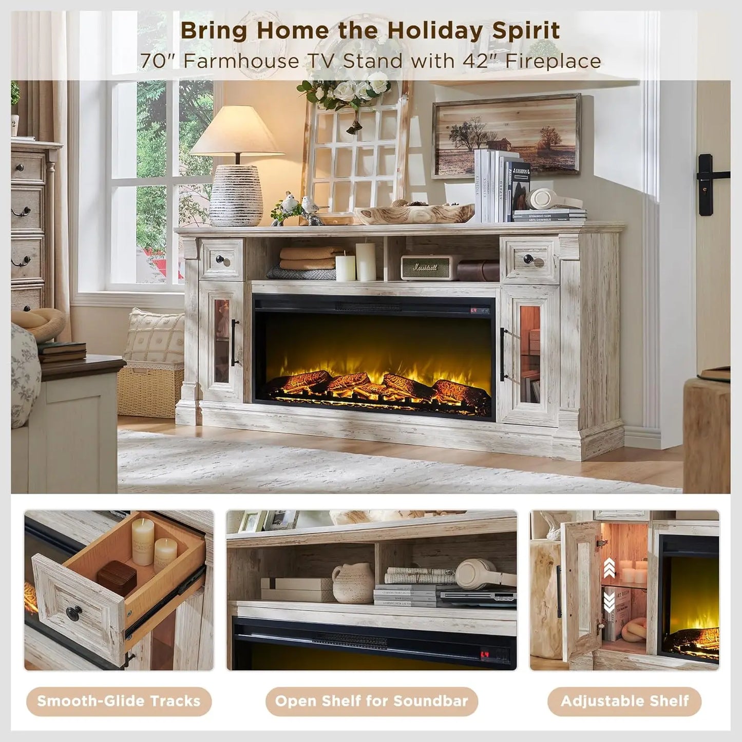 Farmhouse Entertainment Center With Electric Fireplace And LED Lights