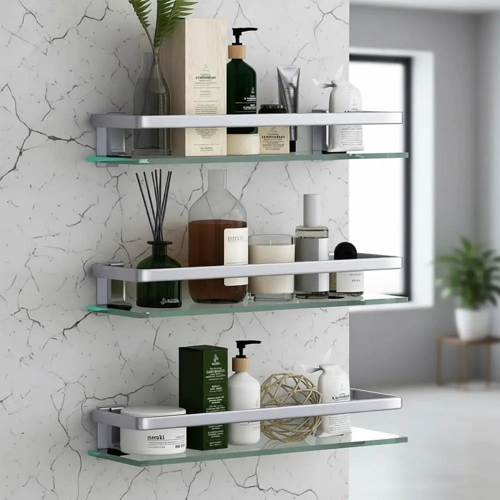 Three Tier Wall Mounted Glass Shelf Organizer for Bathroom