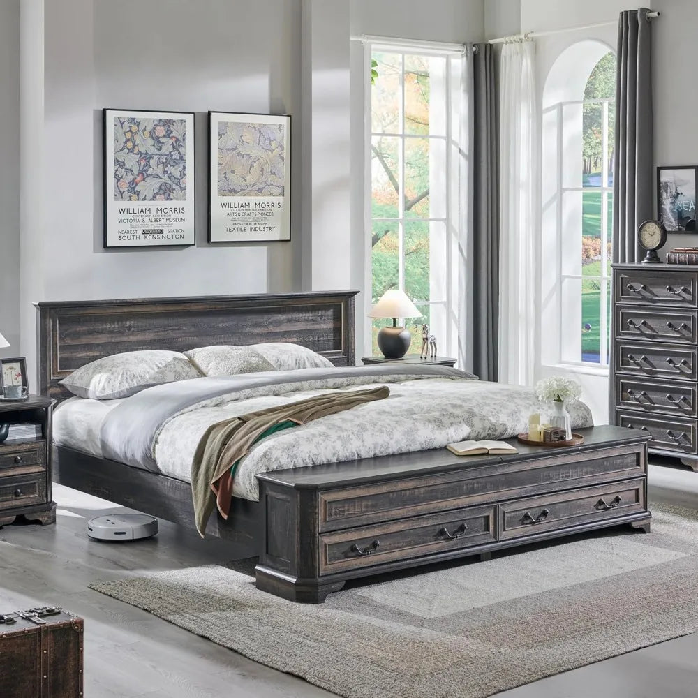 Farmhouse King Bed with Headboard and Storage Bench