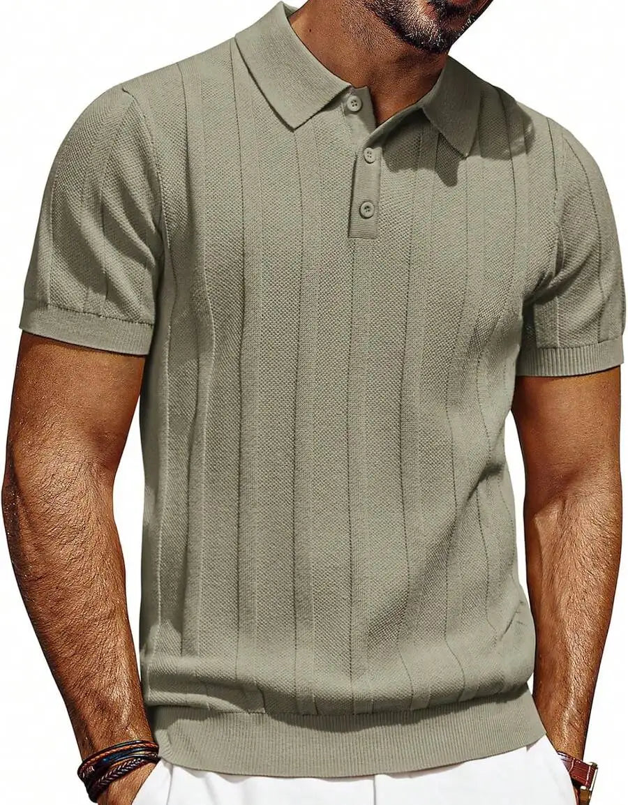 Men's Short Sleeve Textured Knit Shirt Ribbed Golf Top