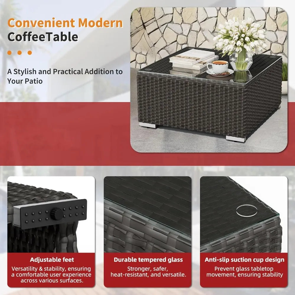Outdoor Rattan Wicker Patio Sofa Set With Glass Top Table