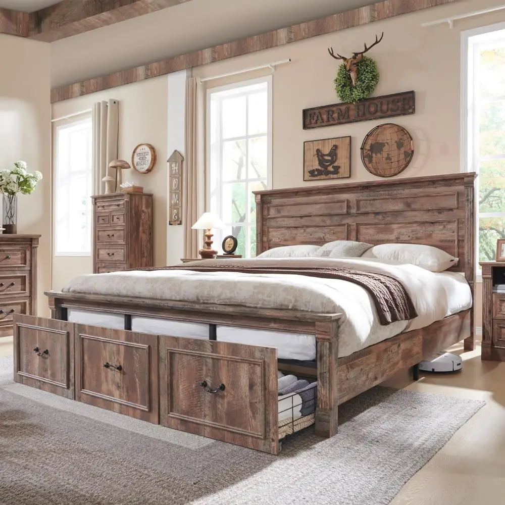 Farmhouse Platform Bed Frame With Storage Drawers