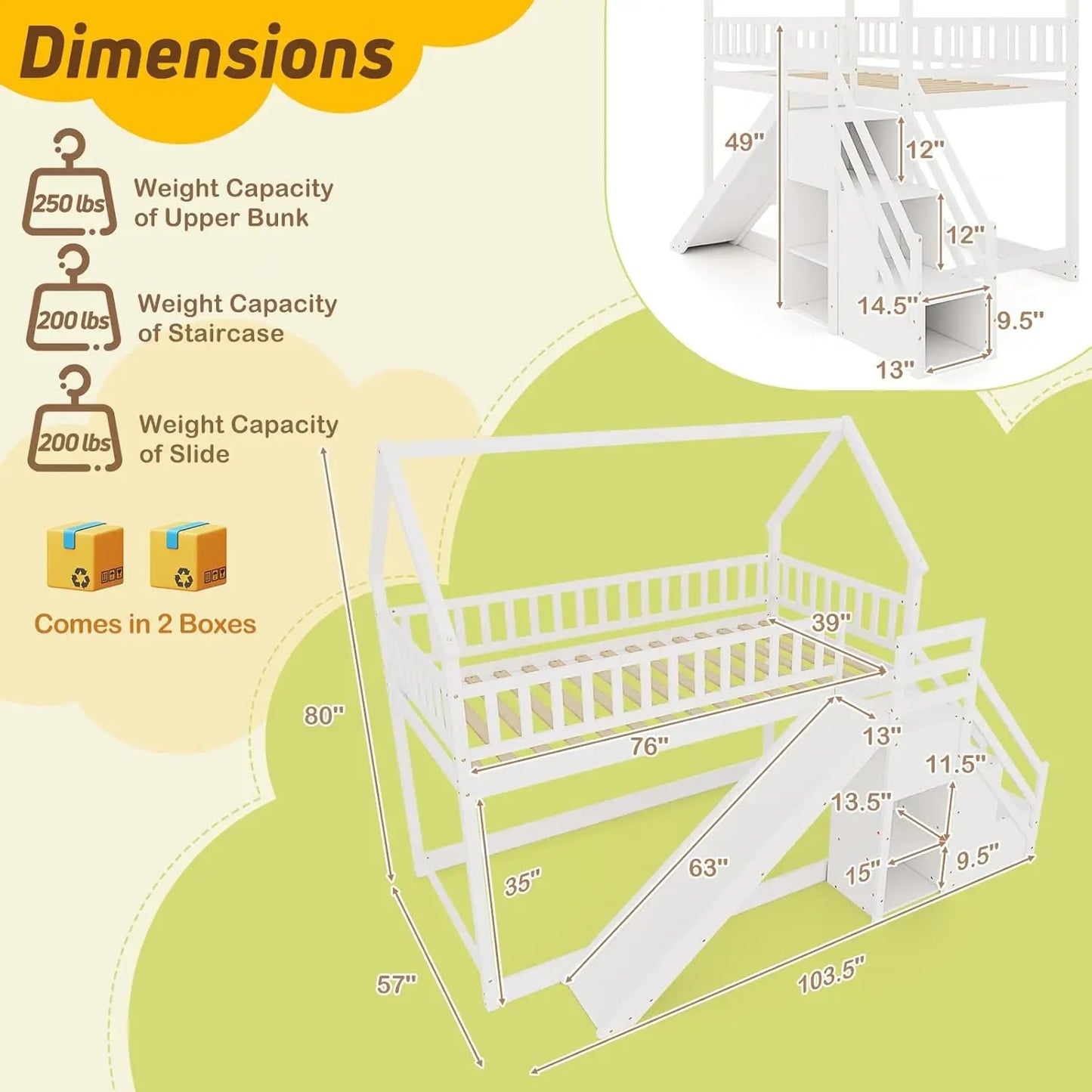 Wood Twin Over Twin House  Bunk Bed with Slide & Staircase