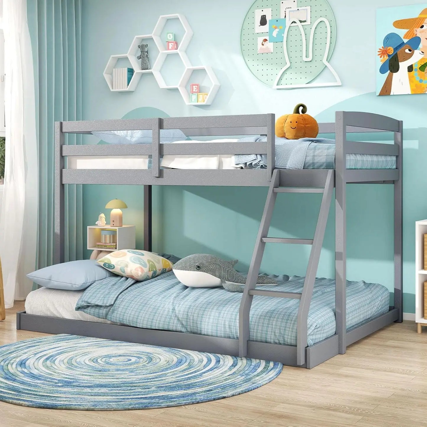 Twin Over Full Bunk Bed, Solid Wood Kids Bunk Bed with Full-Length Guardrails & Ladder