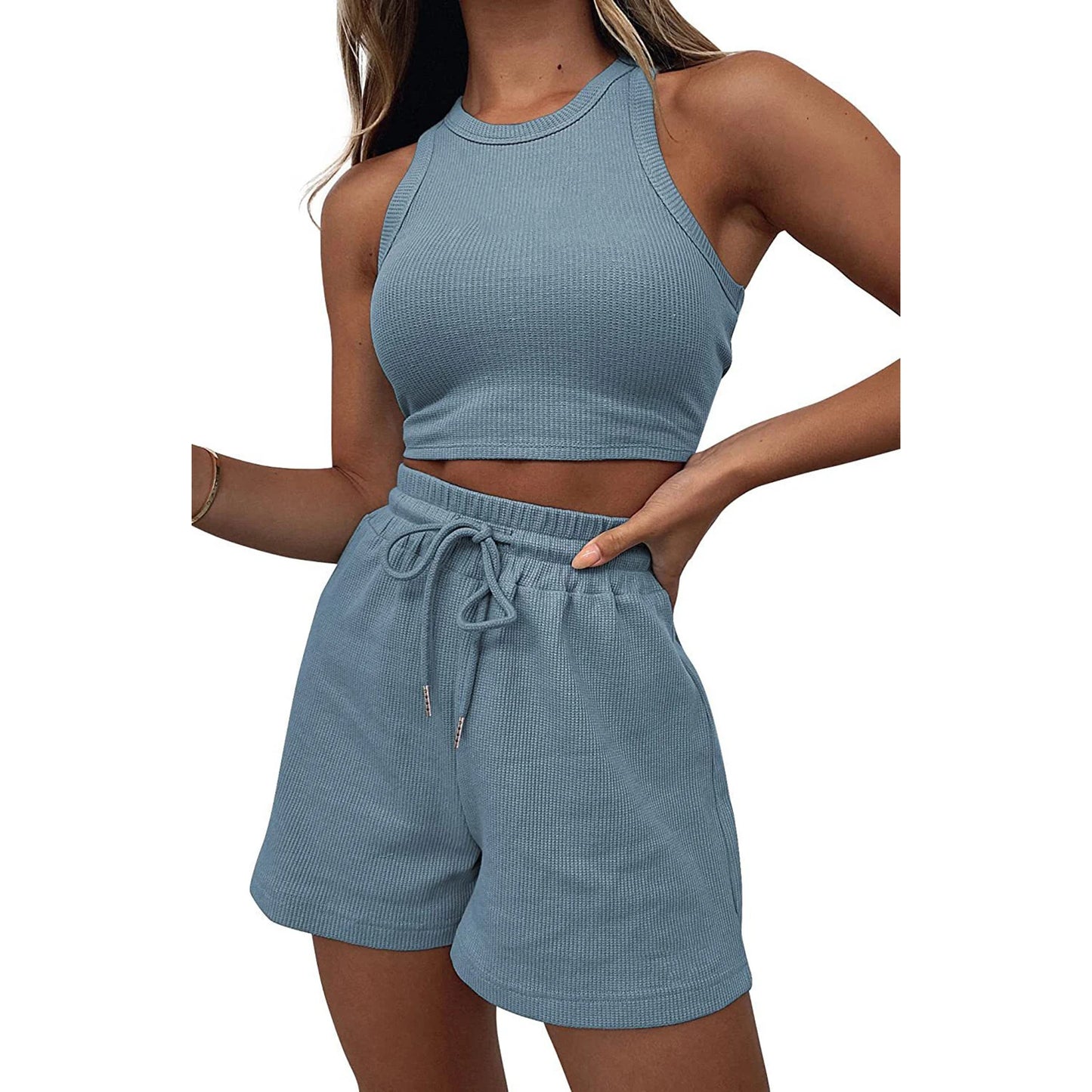 Hirigin Women's Waffle Sleeveless Tank Top Shorts Two Piece Set