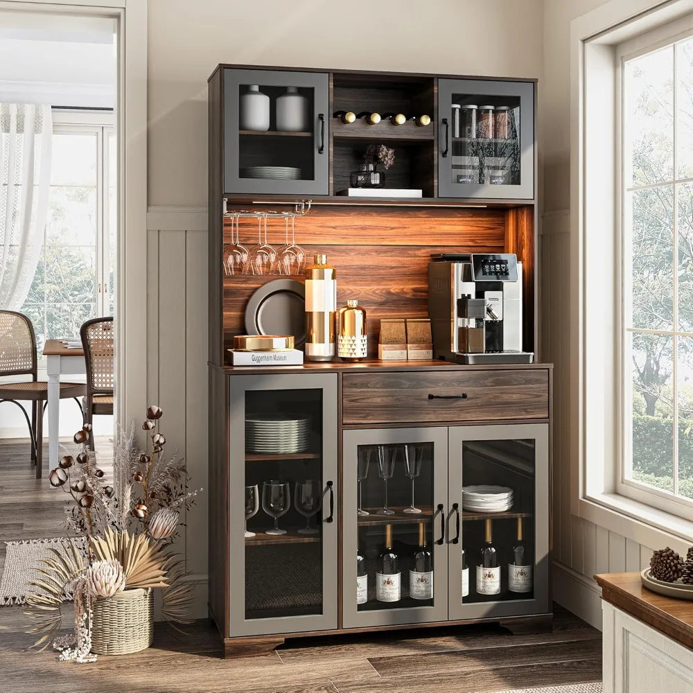 Coffee Bar Storage Cabinet With Charging Station And LED Lights
